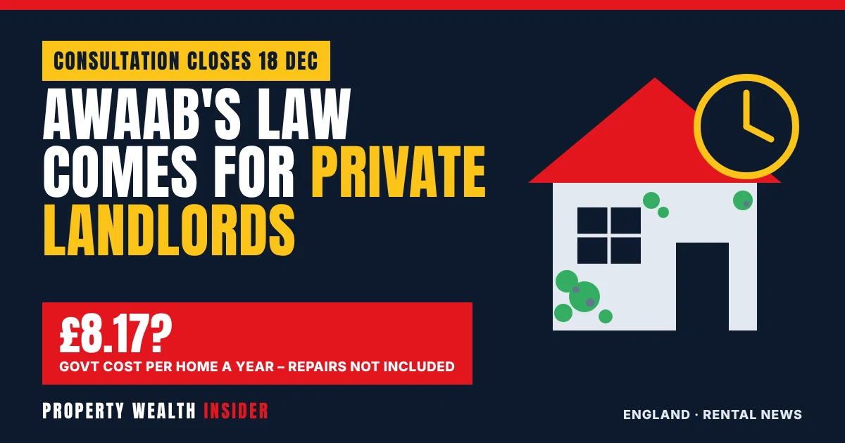 Awaab's Law comes for private landlords graphic showing the government's £8.17 per property cost estimate and a mould-hit house