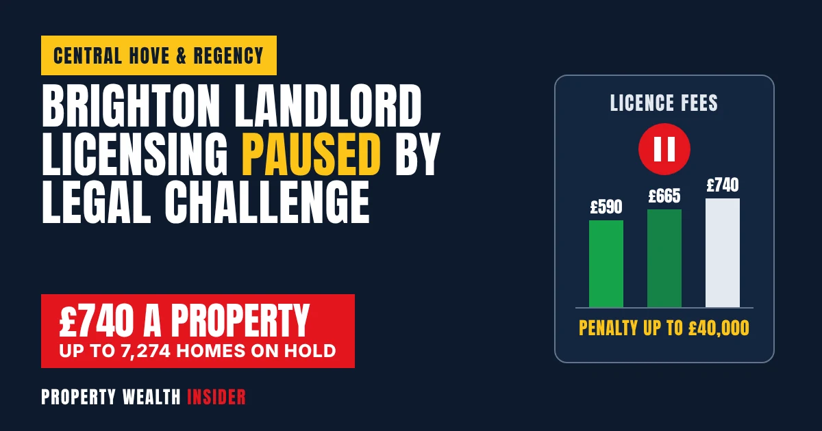 Graphic showing Brighton landlord licensing scheme paused, with £740 fee in a red box and a fee bar chart