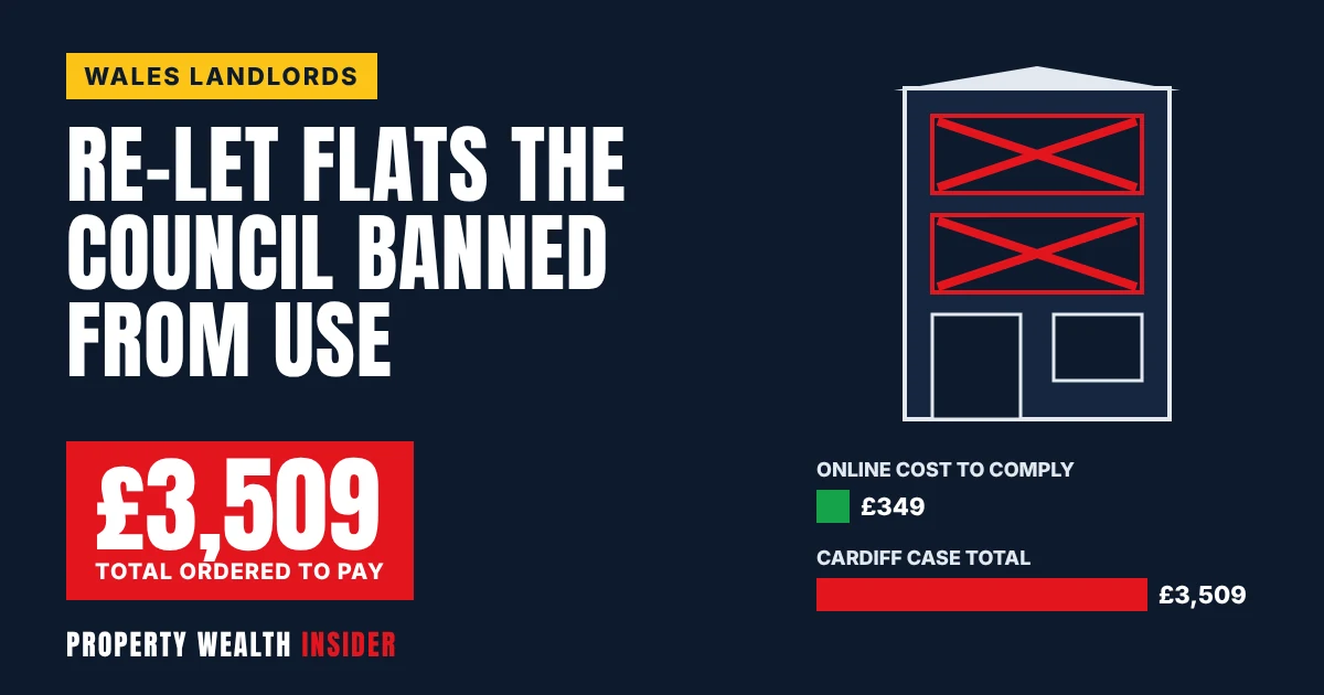 Property Wealth Insider graphic: Cardiff landlord ordered to pay £3,509 for re-letting flats under Prohibition Orders, with Rent Smart Wales compliance costs compared to penalties