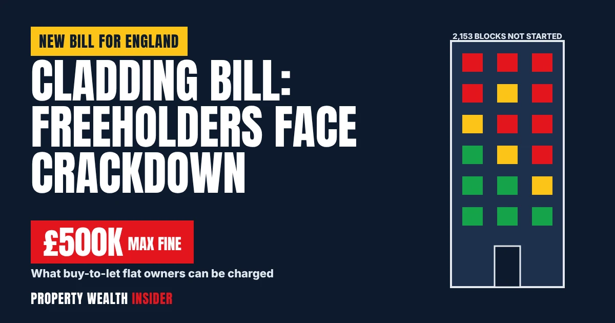 Tower block with red unsafe cladding panels beside the headline New Cladding Bill and a £500k fines figure
