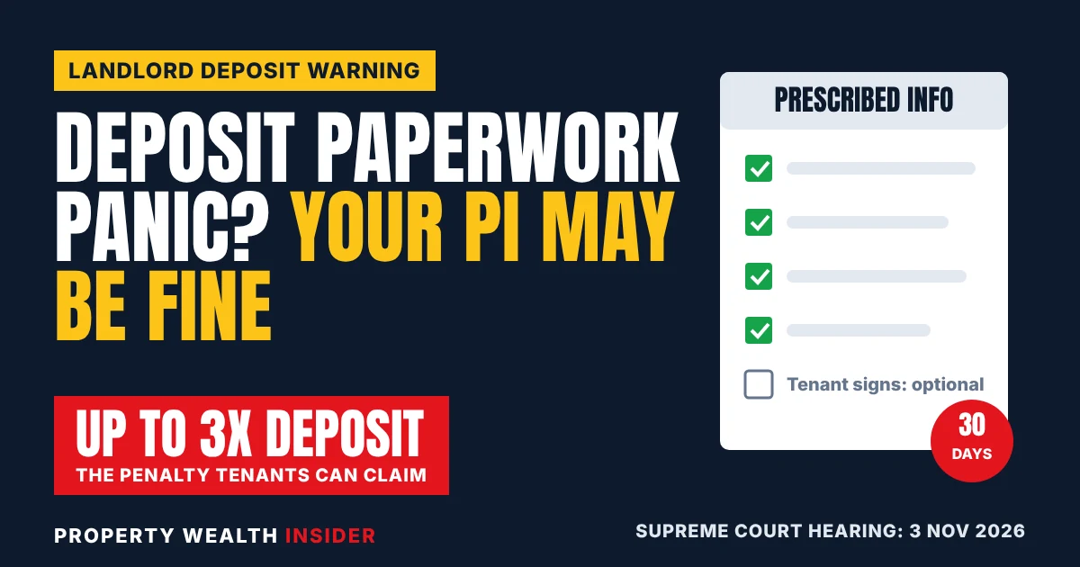 Property Wealth Insider graphic: deposit paperwork panic, with a checklist icon and a red box reading up to 3x the deposit