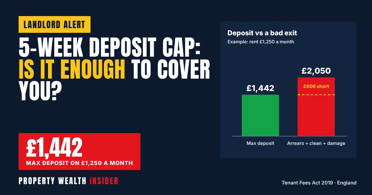 Property Wealth Insider graphic: five-week deposit cap, £1,442 maximum on £1,250 rent, with a bar chart of maximum deposits by rent
