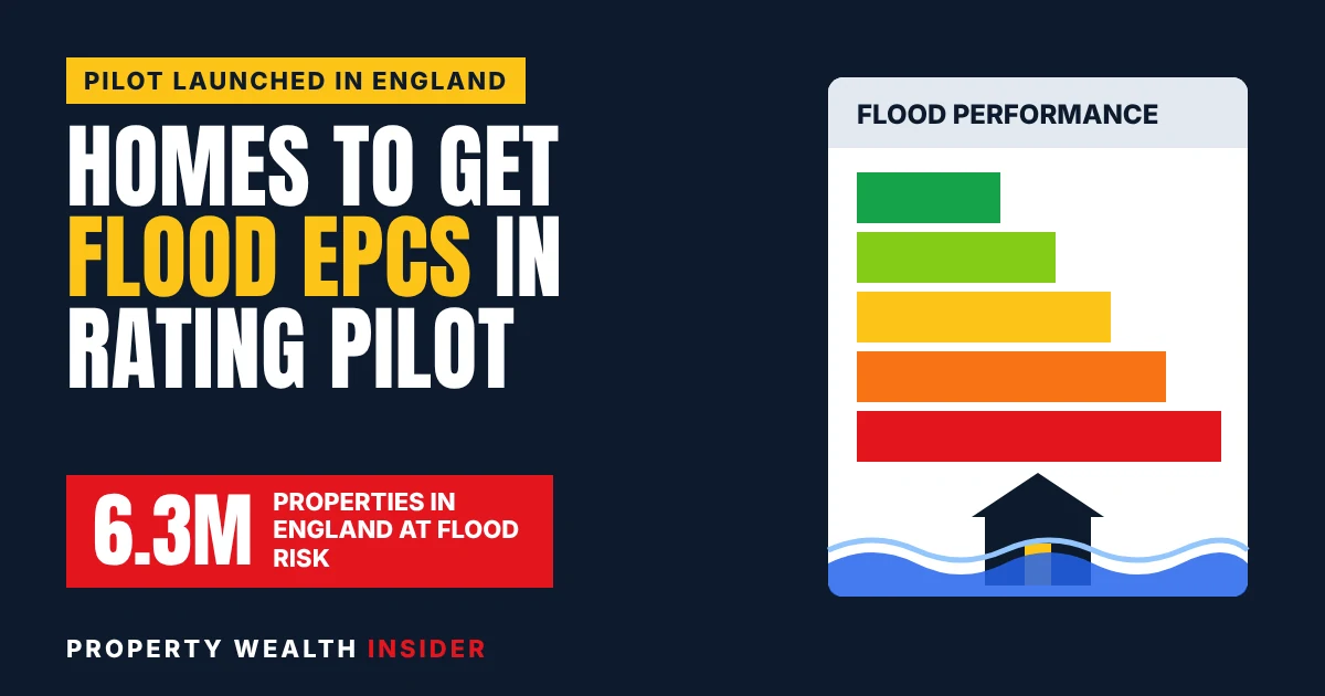 Property Wealth Insider graphic: Flood Performance Certificates piloted as 6.3 million properties in England face flood risk