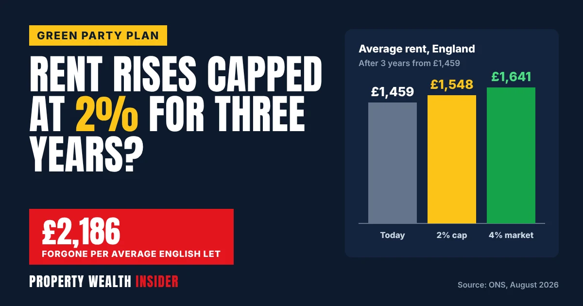 Graphic showing the Green Party's proposed 2% rent cap: average England rent of £1,459 rising to £1,548 under the cap vs £1,641 at 4% market growth
