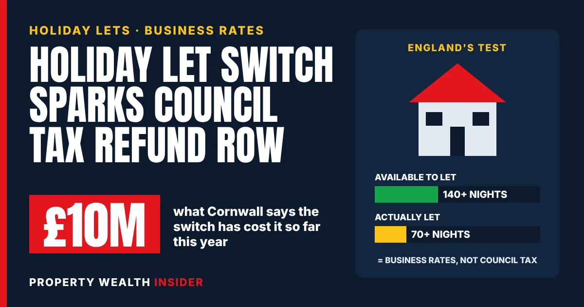 Property Wealth Insider graphic: £10m holiday let council tax refund row, with bars showing the 140-night and 70-night business rates tests