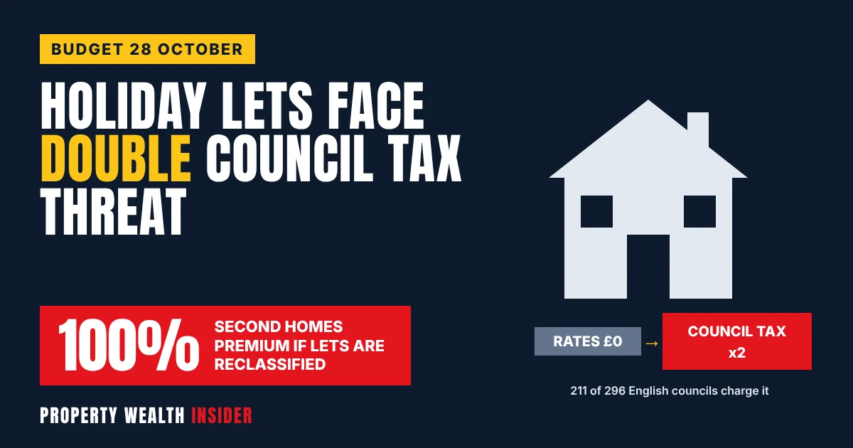 Holiday let owners face a 100% second homes council tax premium if lets are reclassified in the 28 October 2026 Budget
