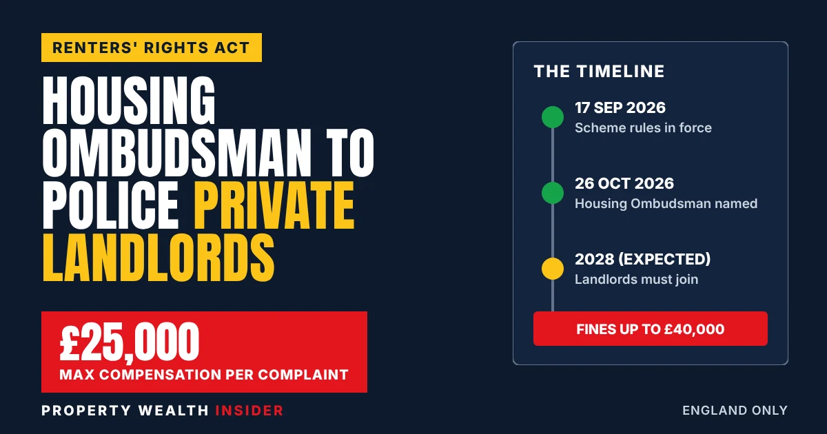 Navy tabloid graphic: Housing Ombudsman to police private landlords, with a red £25,000 compensation cap box and a timeline to 2028 sign-up