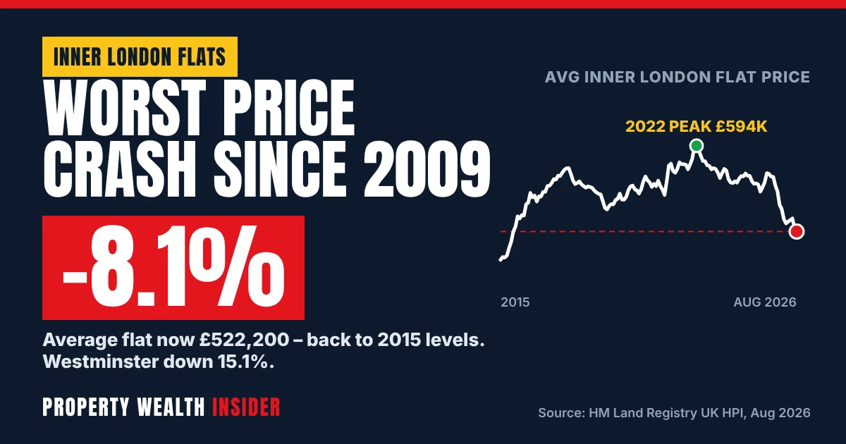 Graphic showing inner London flat prices down 8.1% to £522,200, the biggest annual fall since 2009