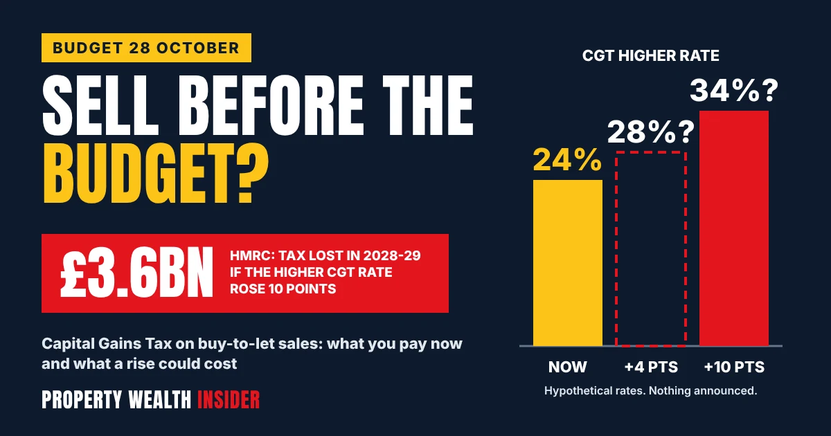 Property Wealth Insider graphic: Sell before the Budget? Capital Gains Tax rates of 18% and 24% now, with hypothetical higher rates, and HMRC's £3.6bn revenue loss estimate