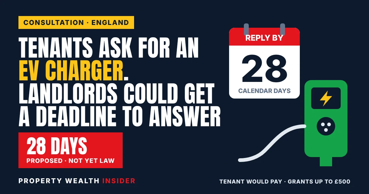 Property Wealth Insider graphic: landlords could get 28 days to answer tenant EV charger requests, with an EV plug and calendar icon