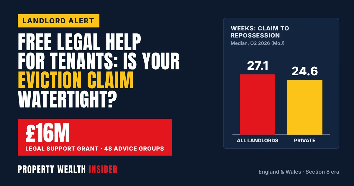 Property Wealth Insider graphic: £16m Legal Support Grant for free tenant eviction advice, with chart of median weeks from possession claim to repossession