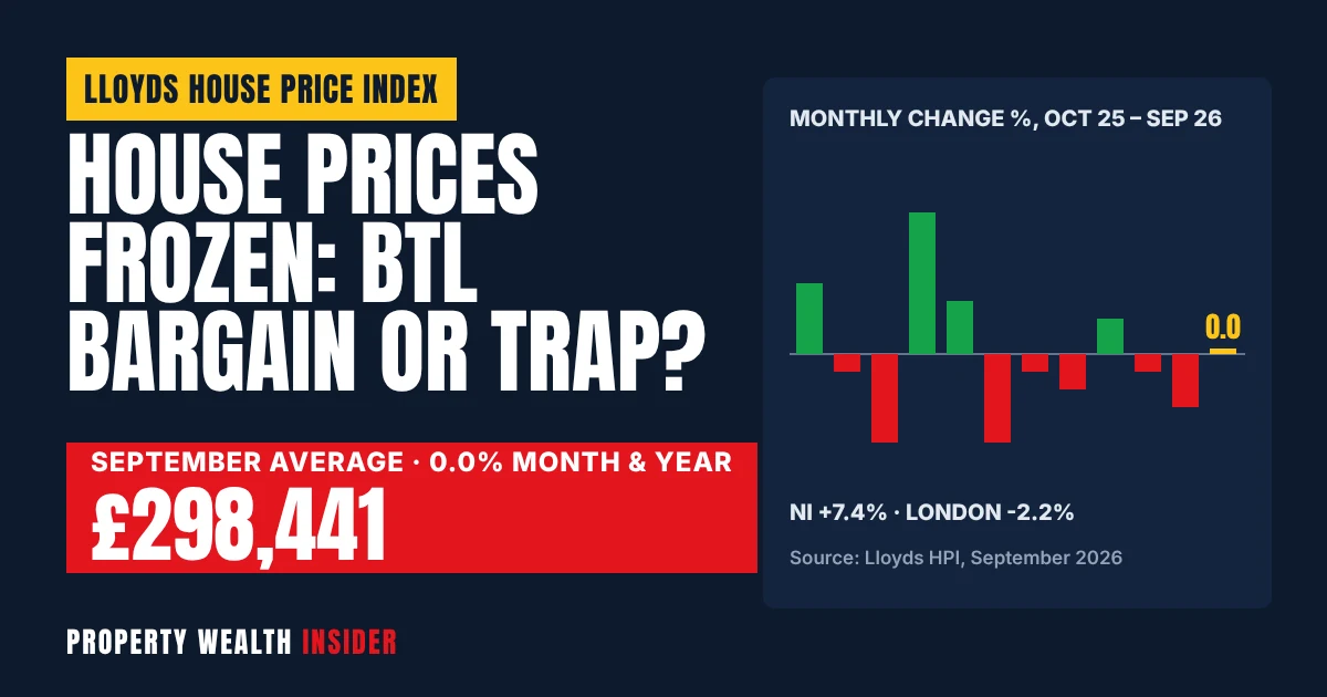 Property Wealth Insider graphic showing UK house prices flat at £298,441 in September with a bar chart of monthly changes