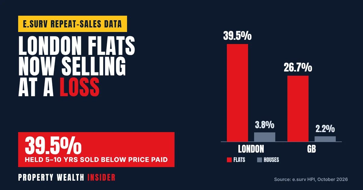 Bar chart graphic showing 39.5% of London flats held 5 to 10 years resold below their previous purchase price