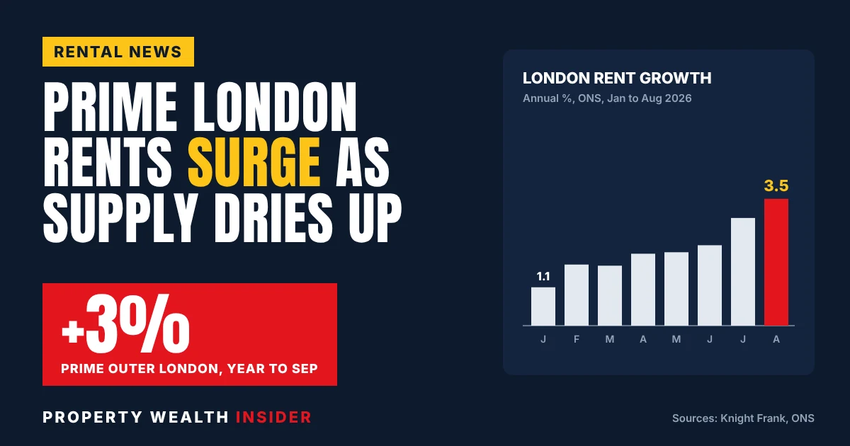 Graphic showing prime outer London rents up 3% with a bar chart of rising London rent growth