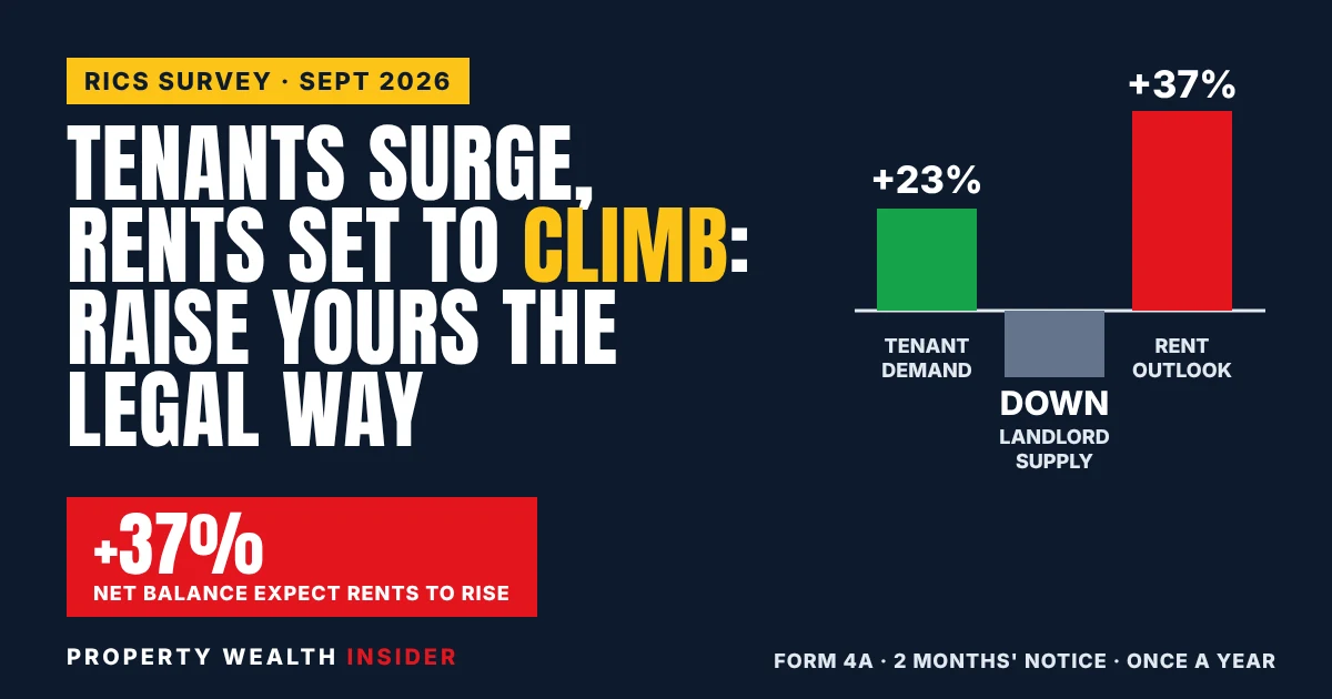 Property Wealth Insider graphic: RICS rent expectations at +37% as tenant demand rises, with how to raise rent legally