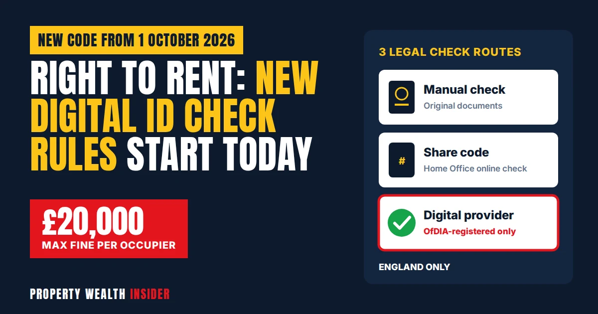 Right to Rent rules change graphic showing £20,000 per tenant maximum fine and the three legal check routes