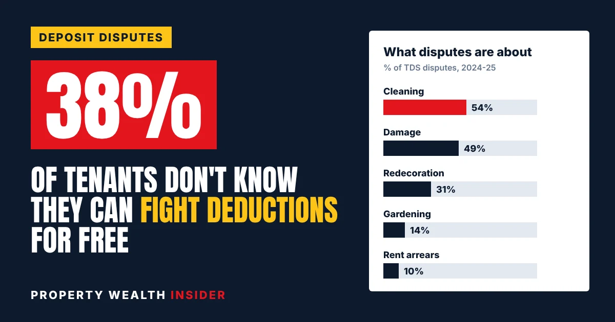 Graphic: 38% of tenants don't know they can challenge deposit deductions, with a bar chart of TDS dispute issues led by cleaning at 54%