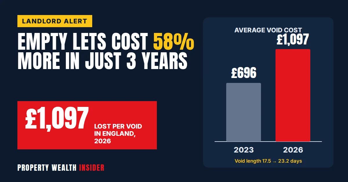 Graphic showing the average rental void cost in England rising from £696 in 2023 to £1,097 in 2026
