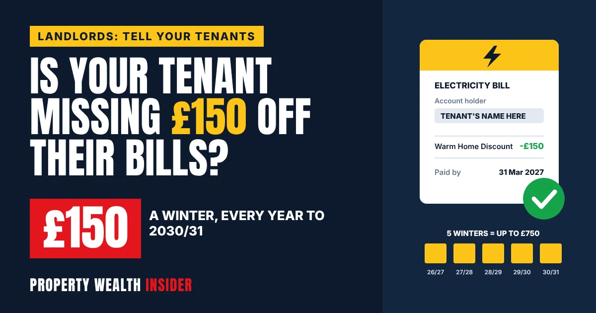 Navy graphic of an electricity bill showing a £150 Warm Home Discount with the headline asking if your tenant is missing out